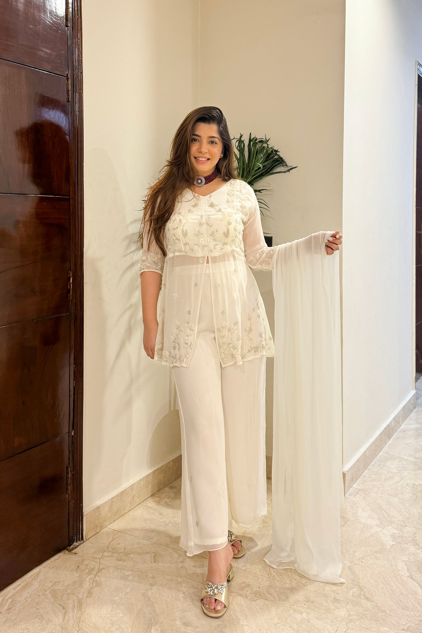 Zaina White Embroidred Plazo Set