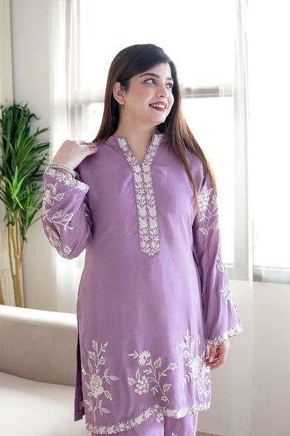 Simin Purple Thread Floral Embroidered Co ord Set