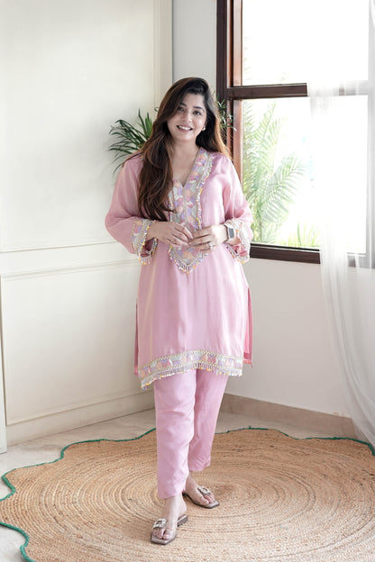 Zoya Pink Embroidered Co ord Set