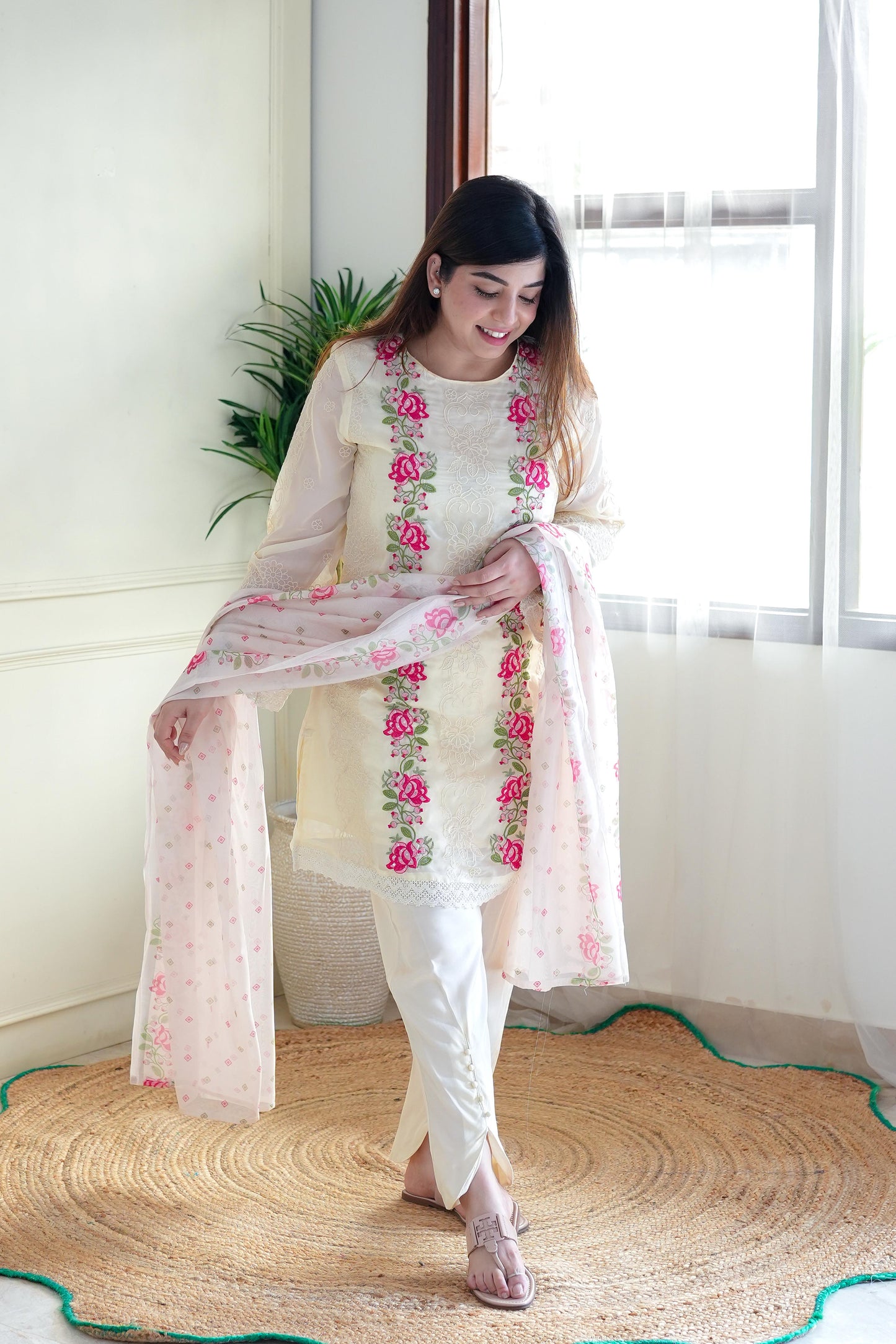 Kiara Off White Thread Work Suit Set