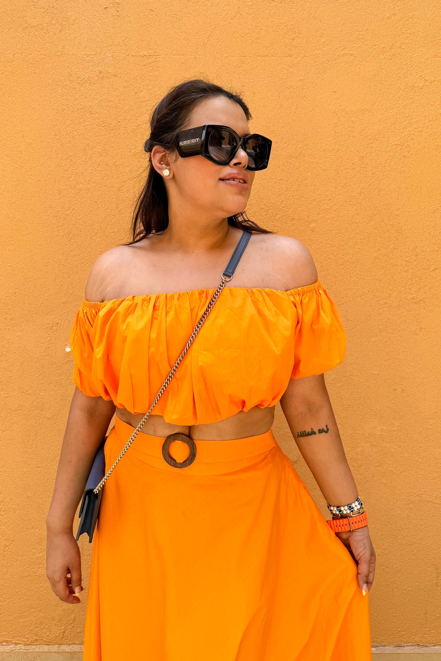 Carrie Orange Poplin Crop Top and Skirt Set with Belt