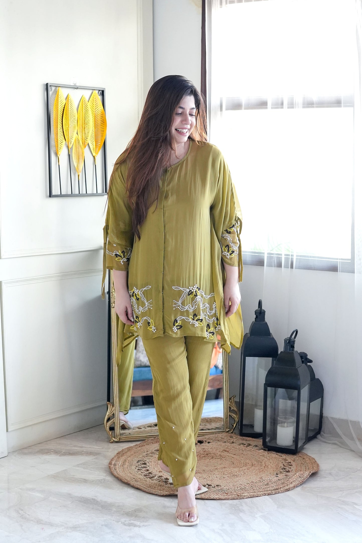 Farhana Green Embroidered Kaftan Co ord Set