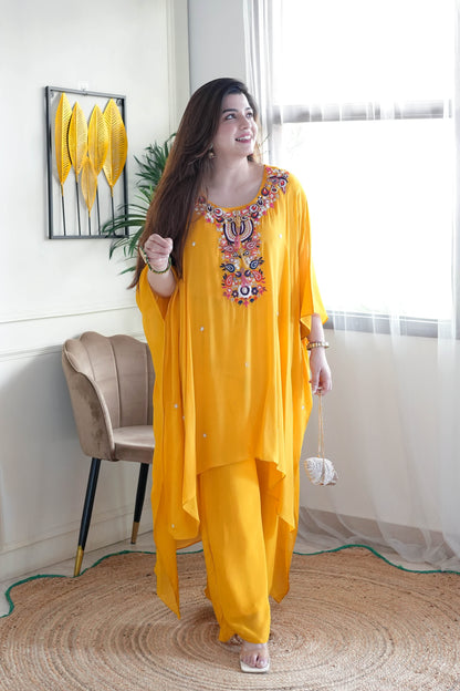 Yumna Yellow Embroidered Kaftan Set