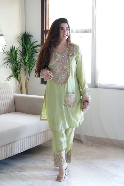 Rafia Green Embroidered Co ord Set