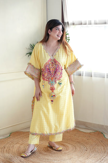 Serene Yellow Embroidered Chogha Set