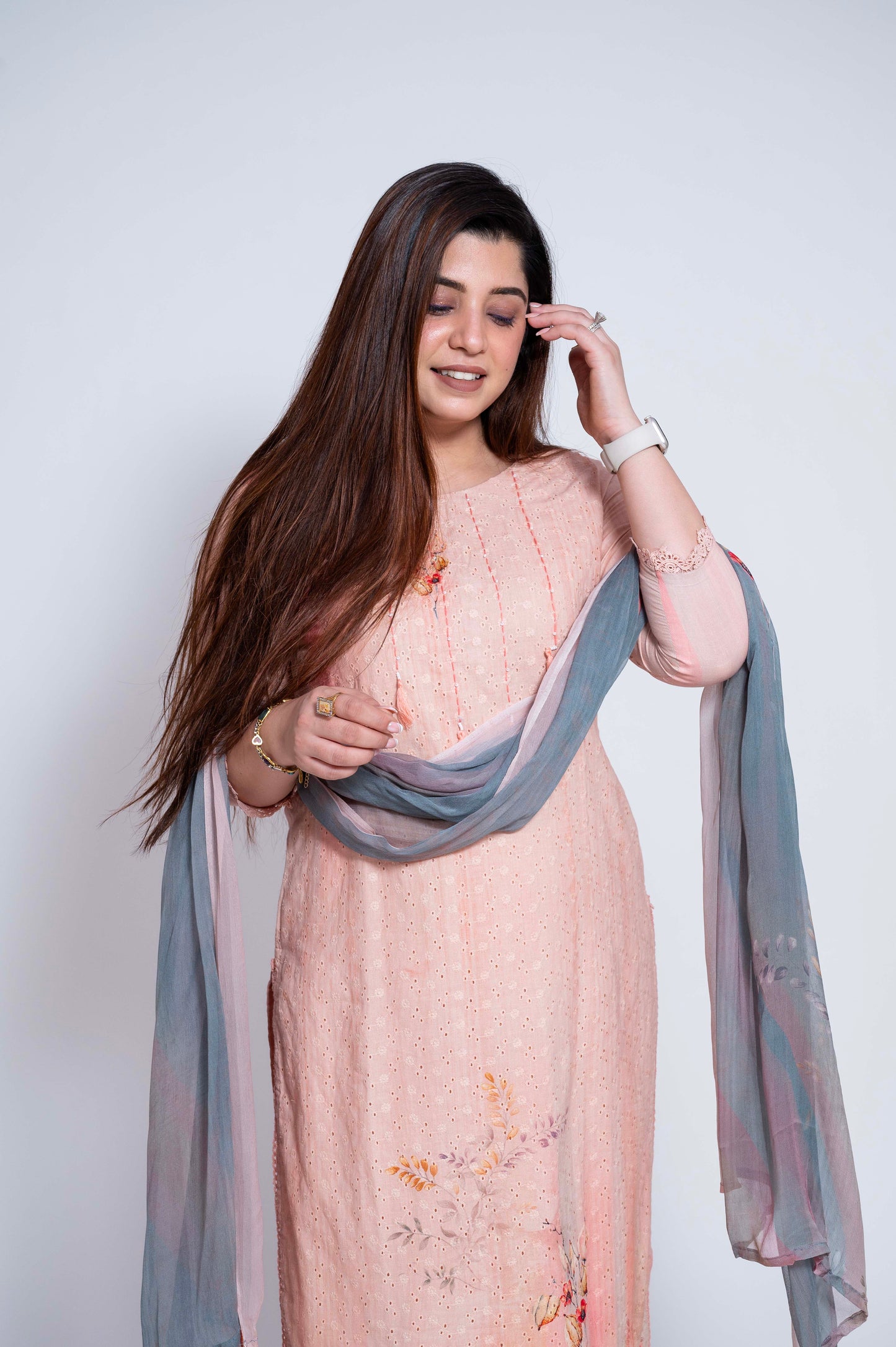 Isra Peach Schiffli Straight Suit Set