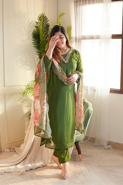 Ishrat Green Suit Set With Floral Dupatta