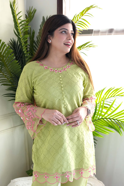 Inayat Green Schiffli Embroidered Cordset