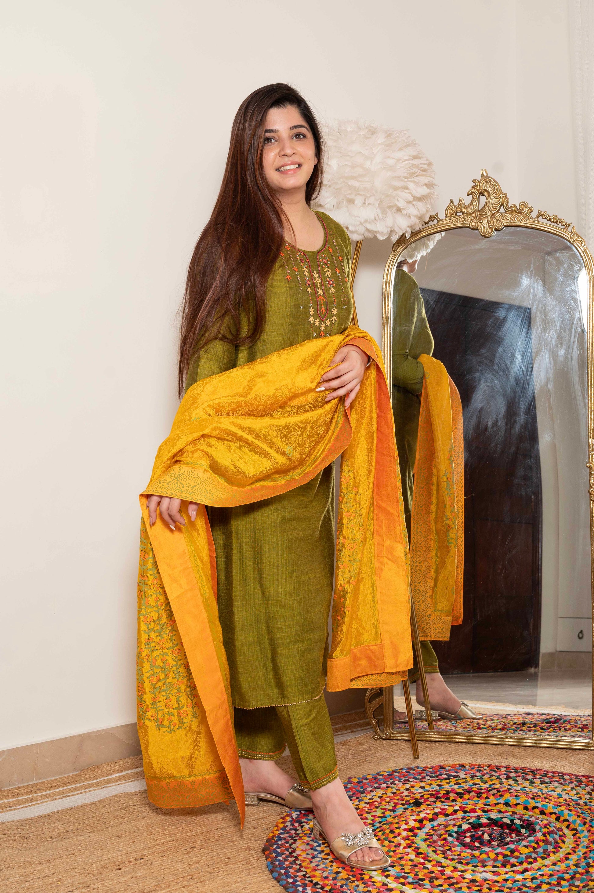 Chanda Green Suit Set With Painted Dupatta