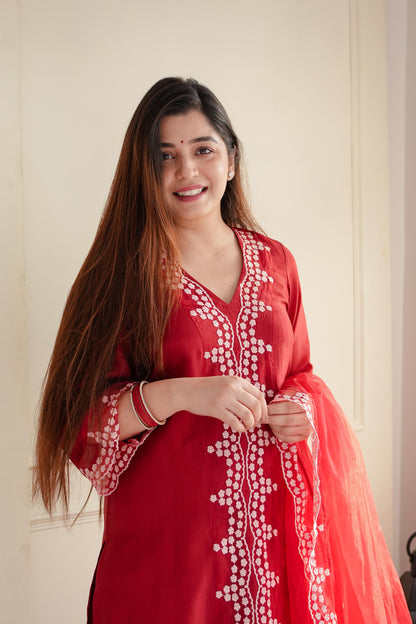 Sukh Red Schiffli Suit Set