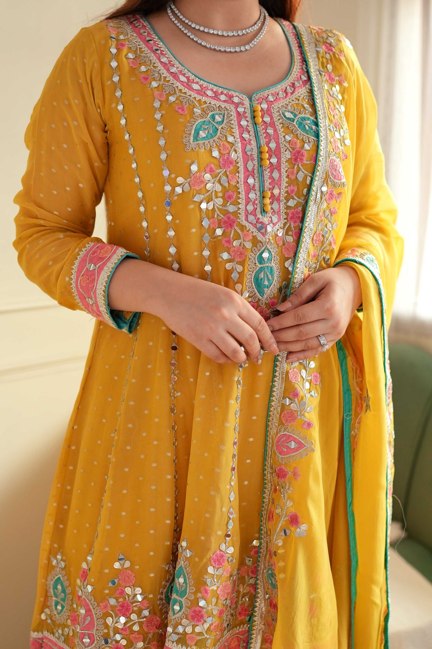 Kiara Yellow Mirror Work Short Anarkali With Dhoti