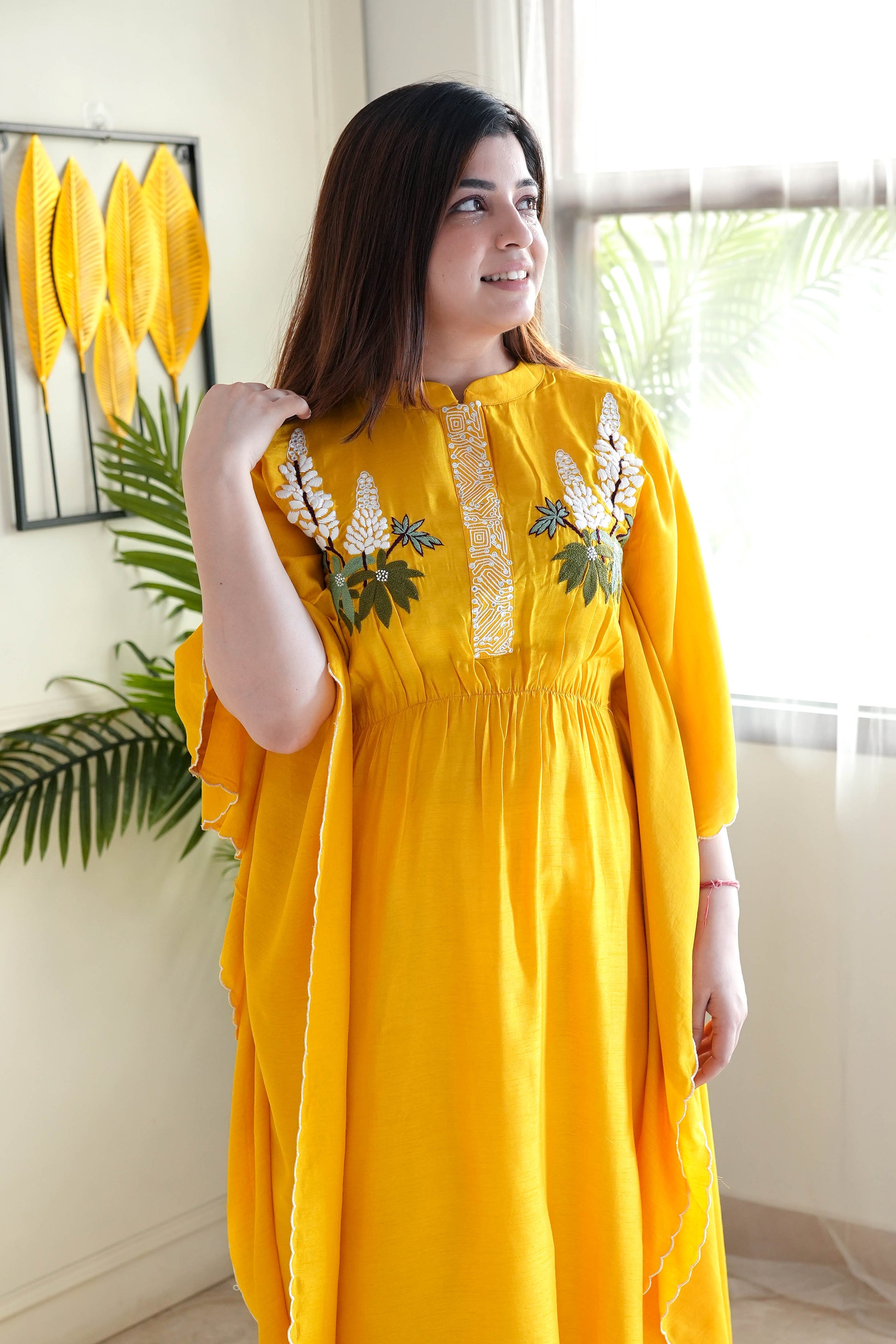 Saba Yellow Hand Embroidered Kaftan Set