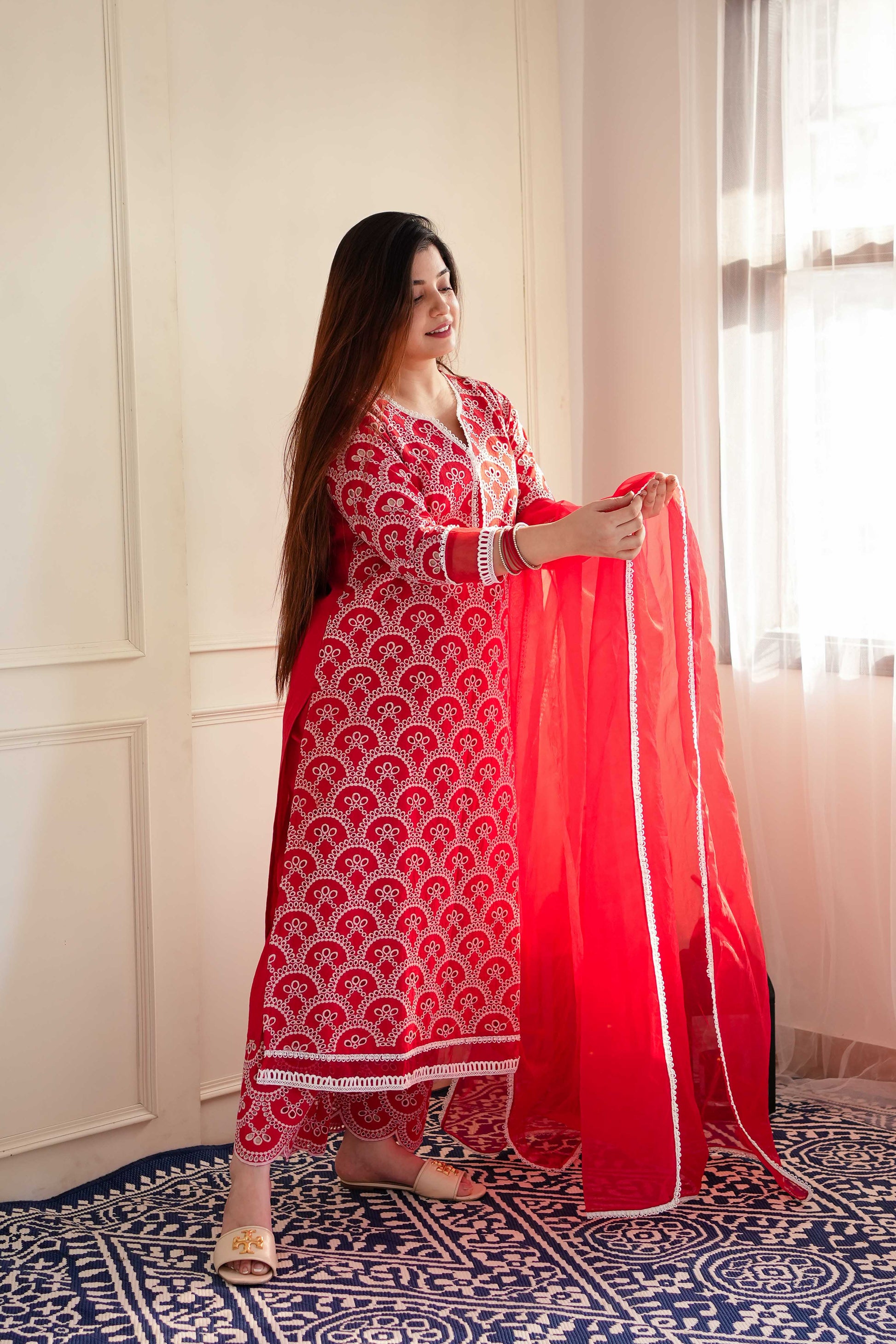 Mehera Red Cutwork Cotton Suit Set