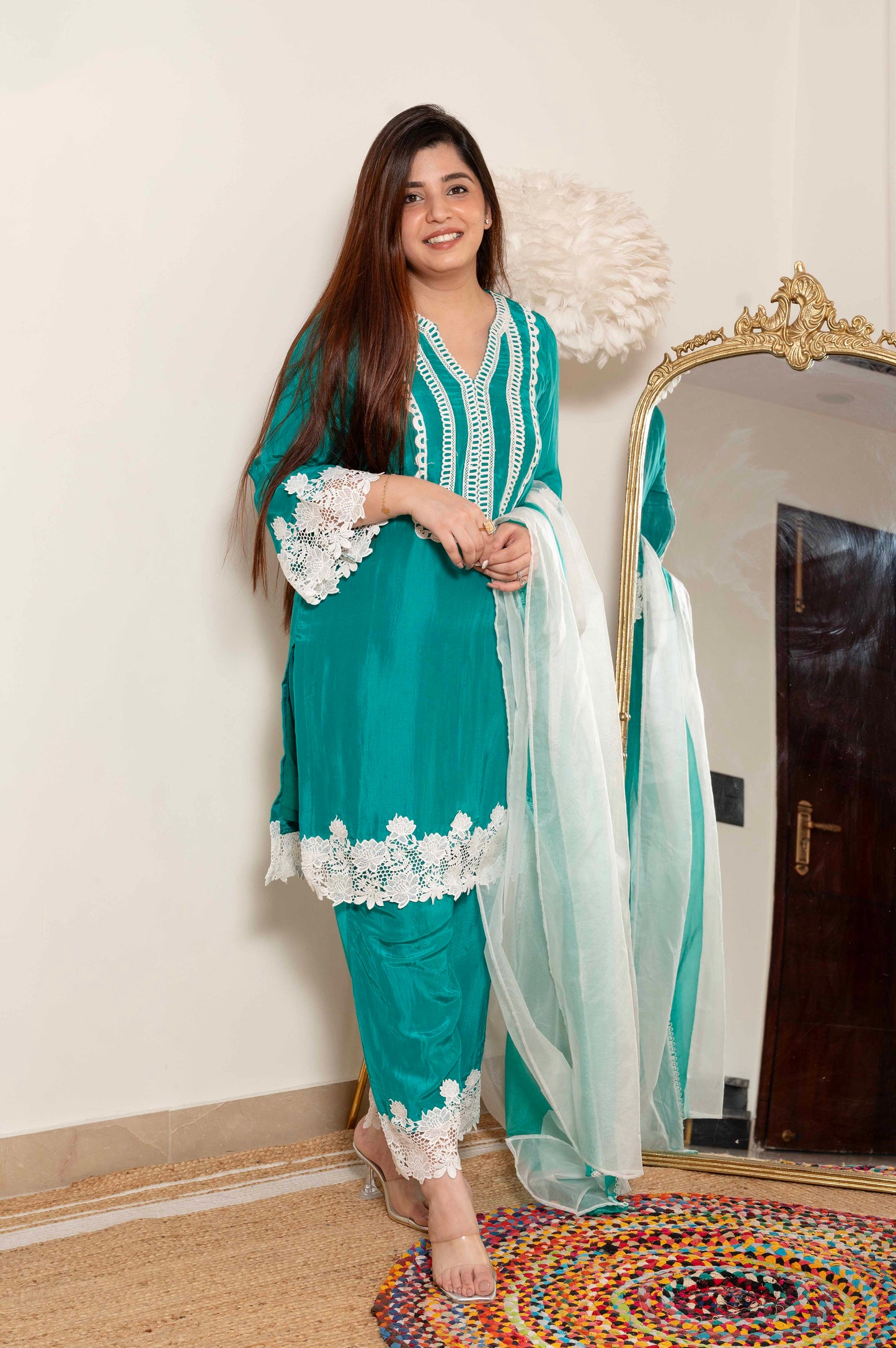 Tirana Green Suit Set With Cutwork Detailing