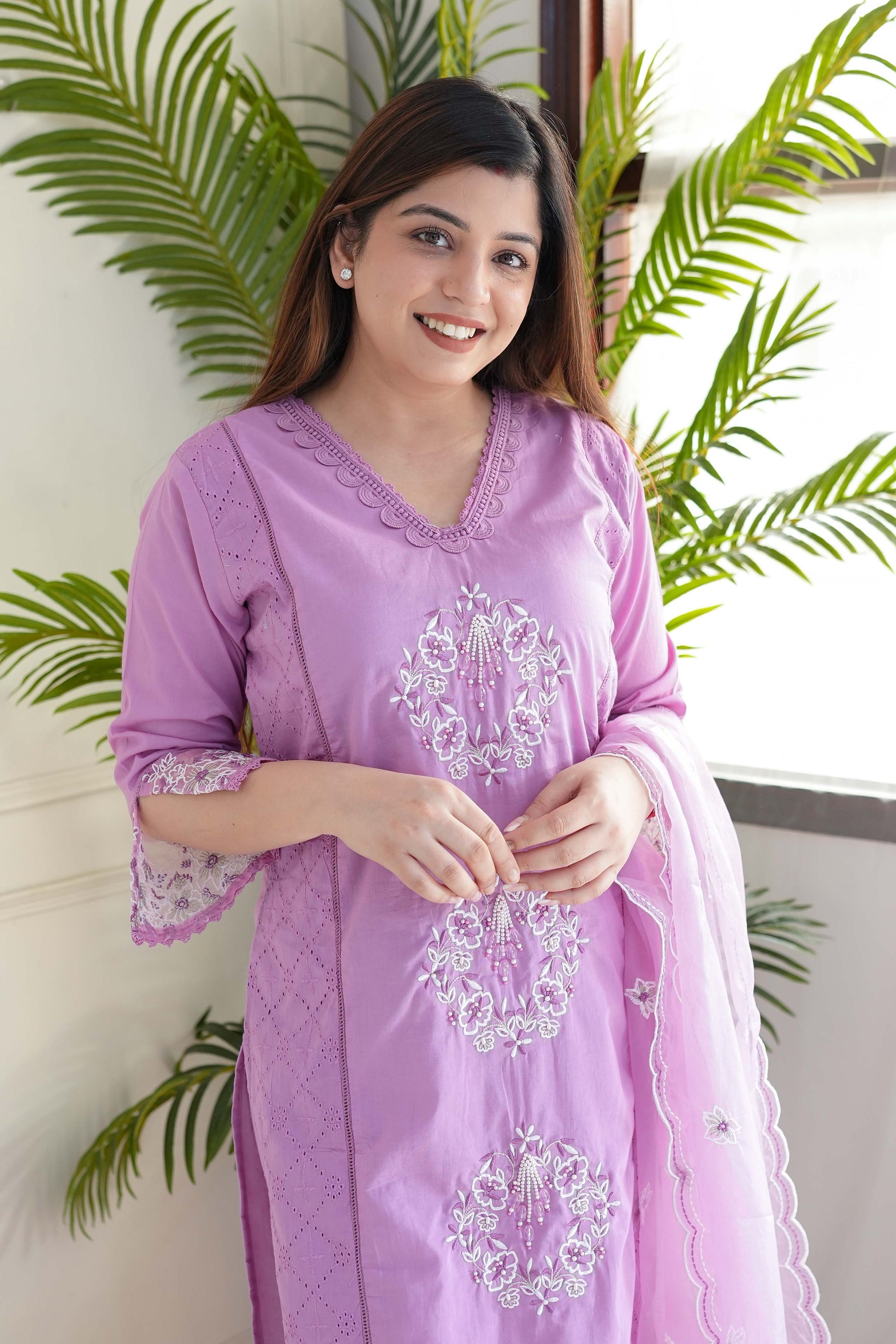 Meera Purple Embroidered Cotton Suit Set