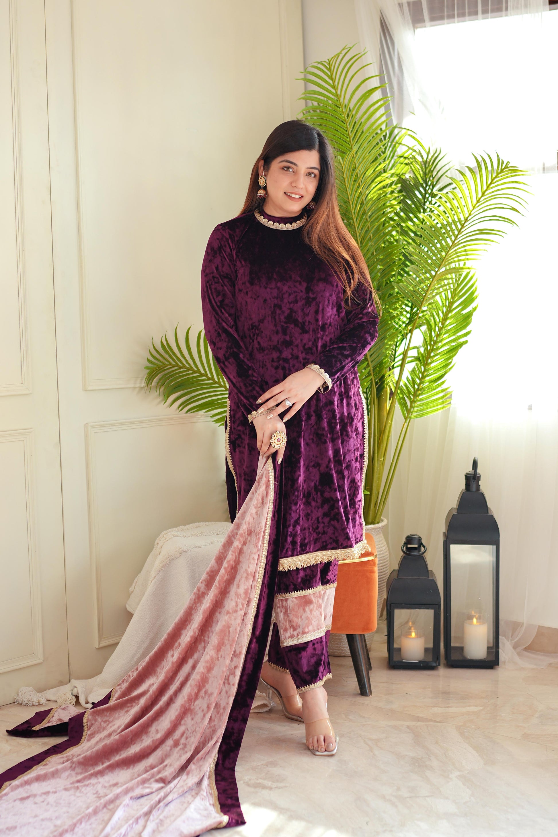 Mehera Wine Velvet Suit Set