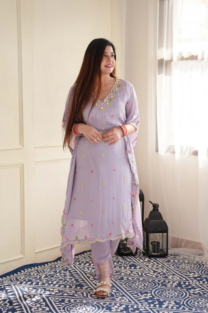 Simar Lavender Embroidered Kaftan Set