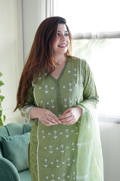 Meera Green Embroidery Cotton Suit Set