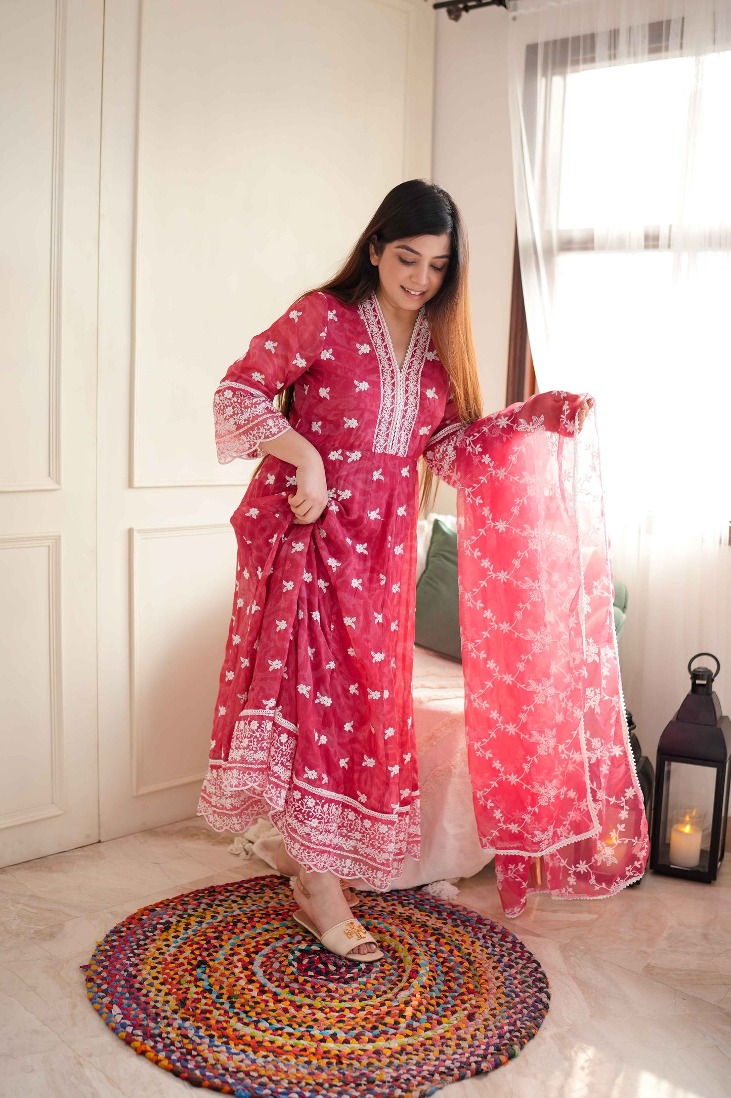 Feroza Pink Schiffli Anarkali Suit Set