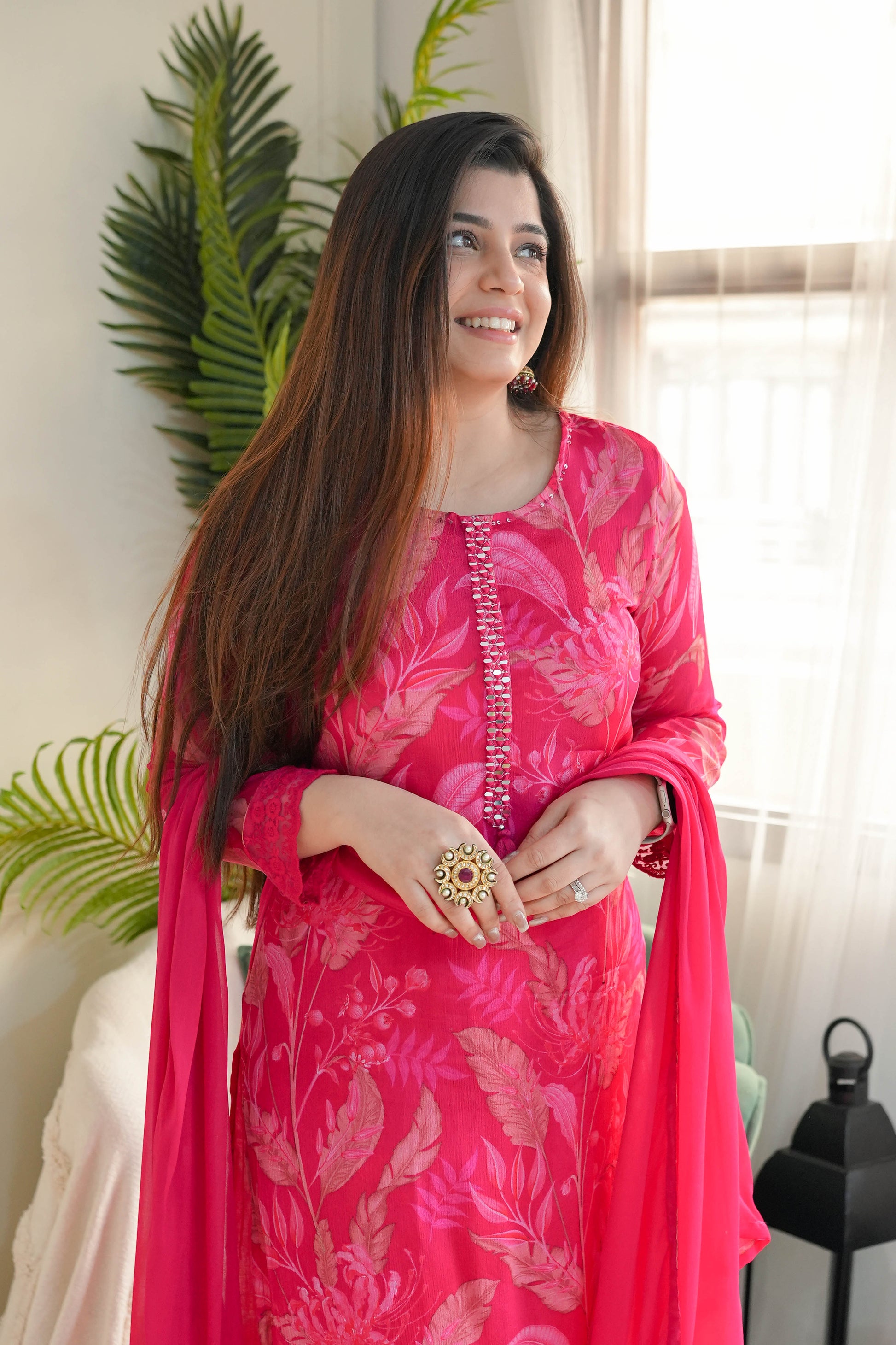 Raha Hot Pink Printed Suit Set