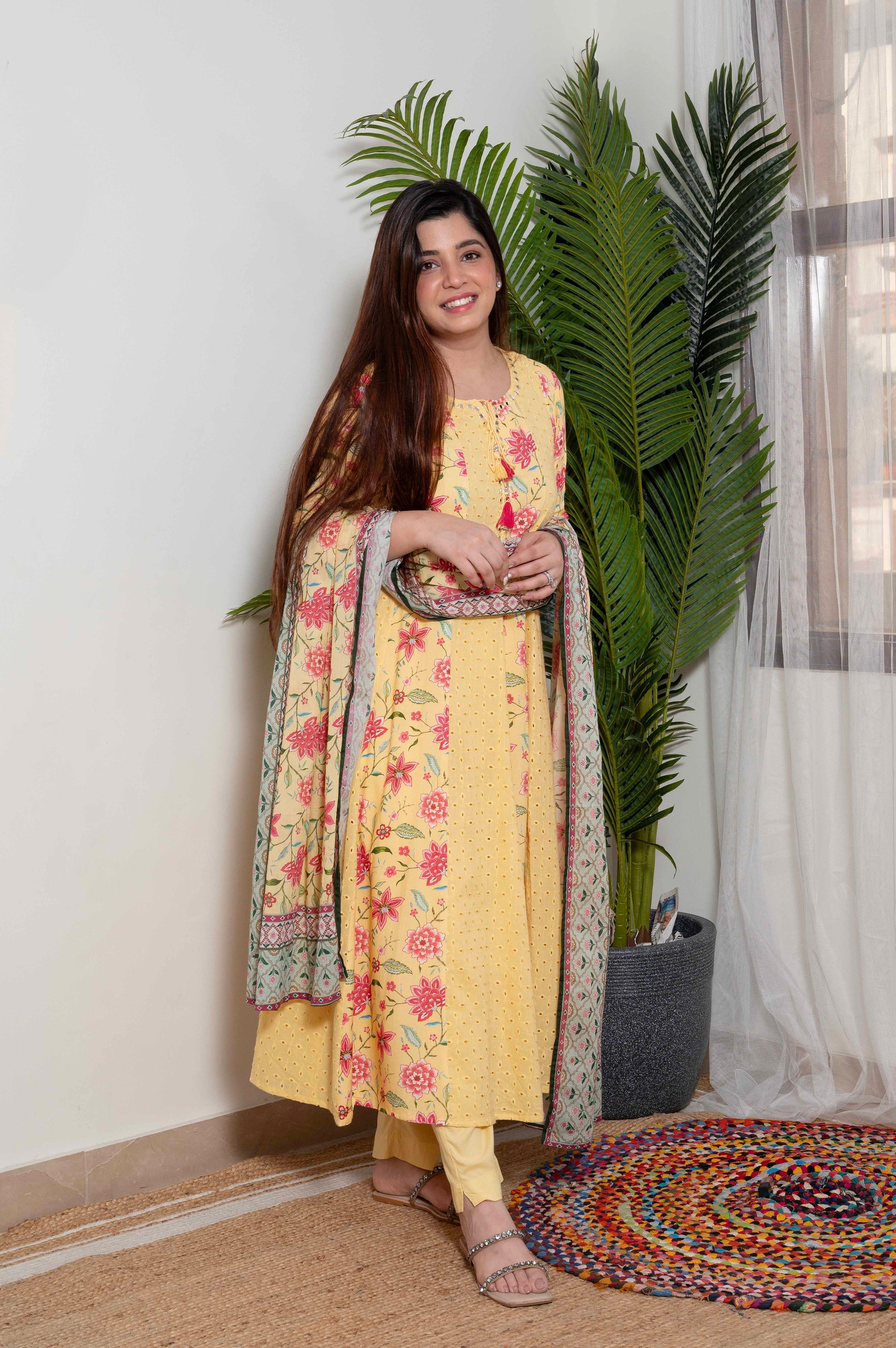 Tamra Yellow Schiffli And Print Detailing Anarkali