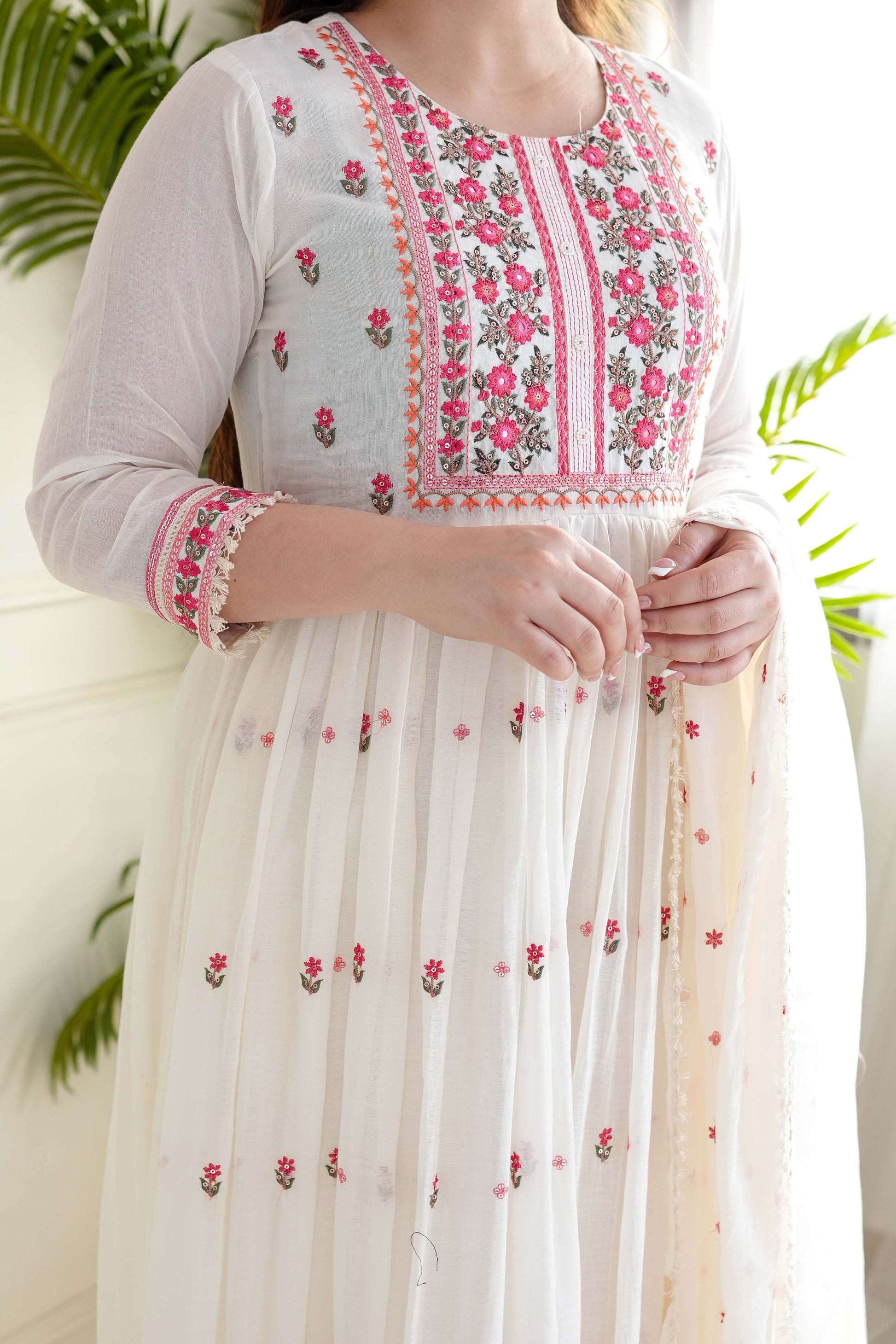 Neyar White Embroidered Voluminous Anarkali