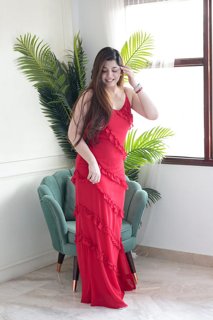 Luxe Red Long Maxi With Frills