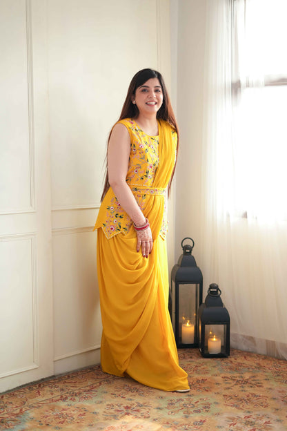 Mukti Yellow Embroidered Drape Saree