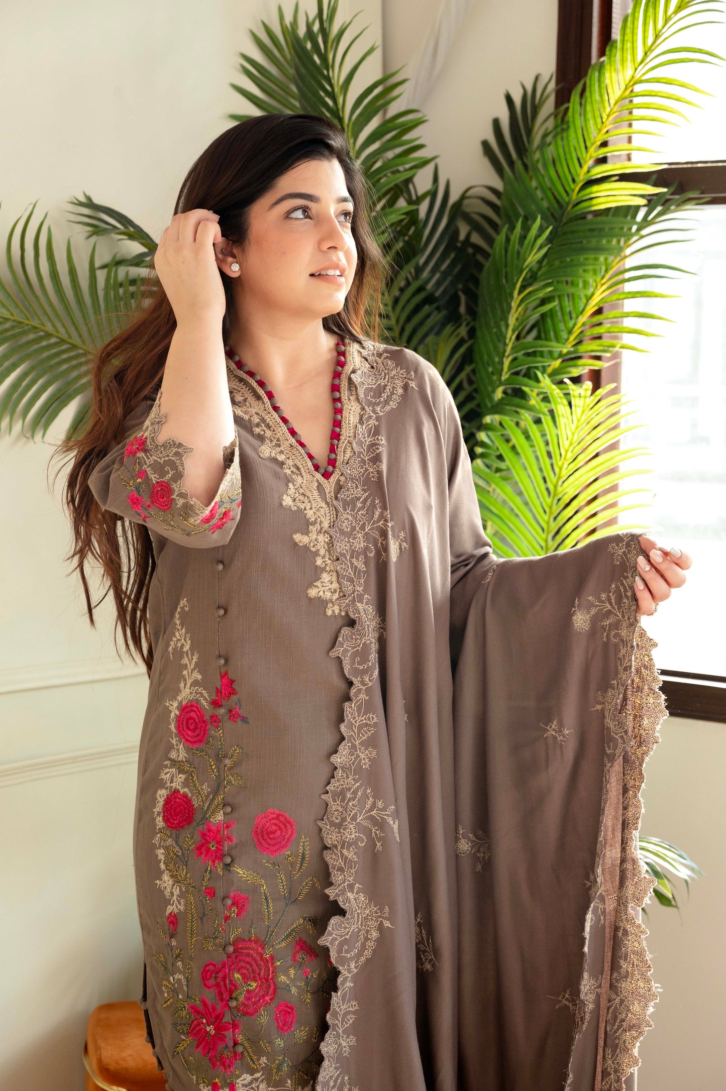 Sana Brown Embroidered Pakistani Linen Suit