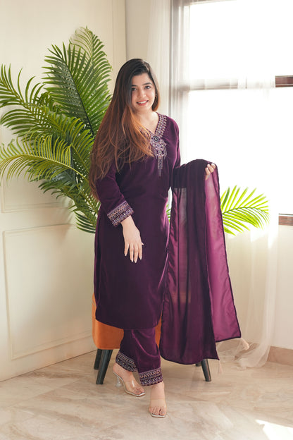 Neemra Wine Velvet Suit Set