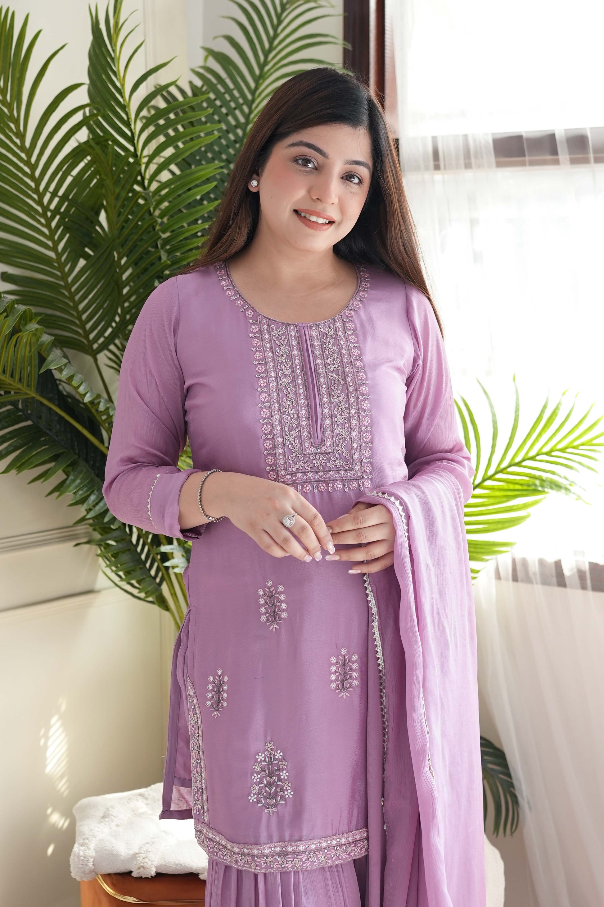 Keerat Lavender Embroidered Silk Suit