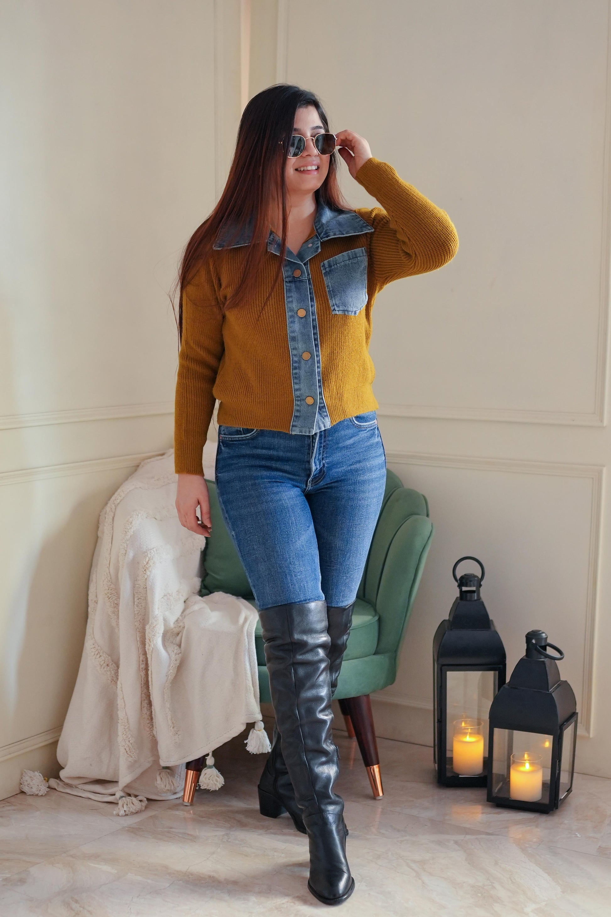 Yami Mustard Denim Detailed Sweater