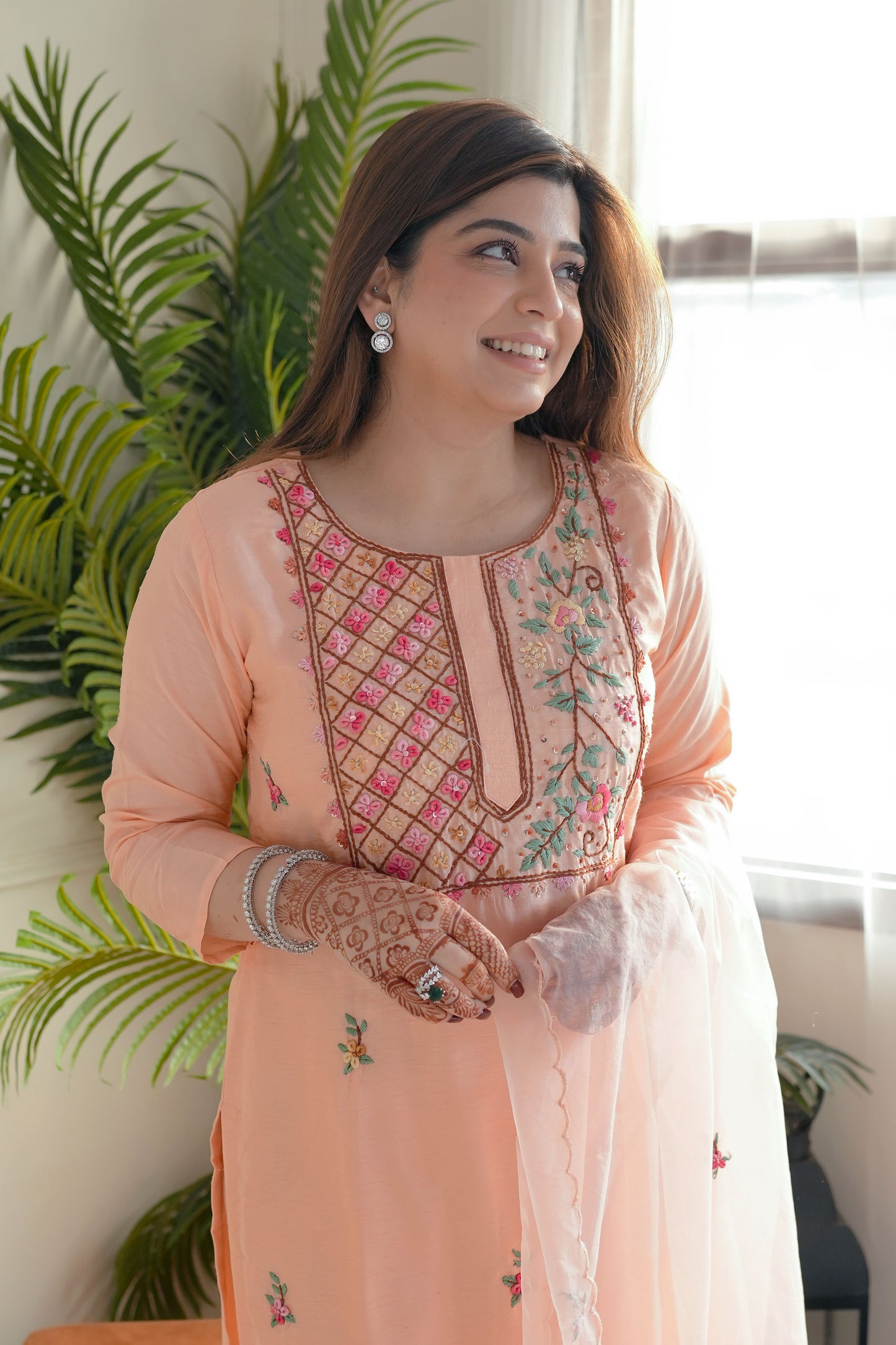 Neeya Peach Hand Embroidered Suit Set