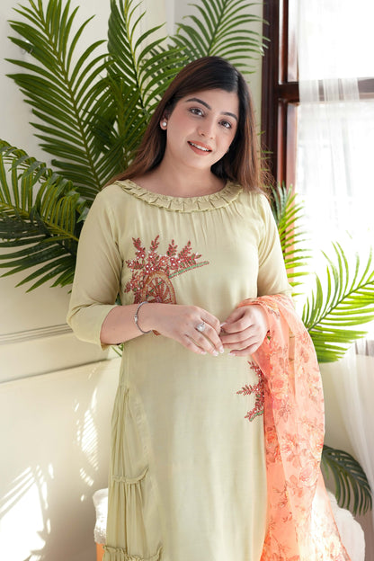 Green Embroidred Kurta With Dupatta