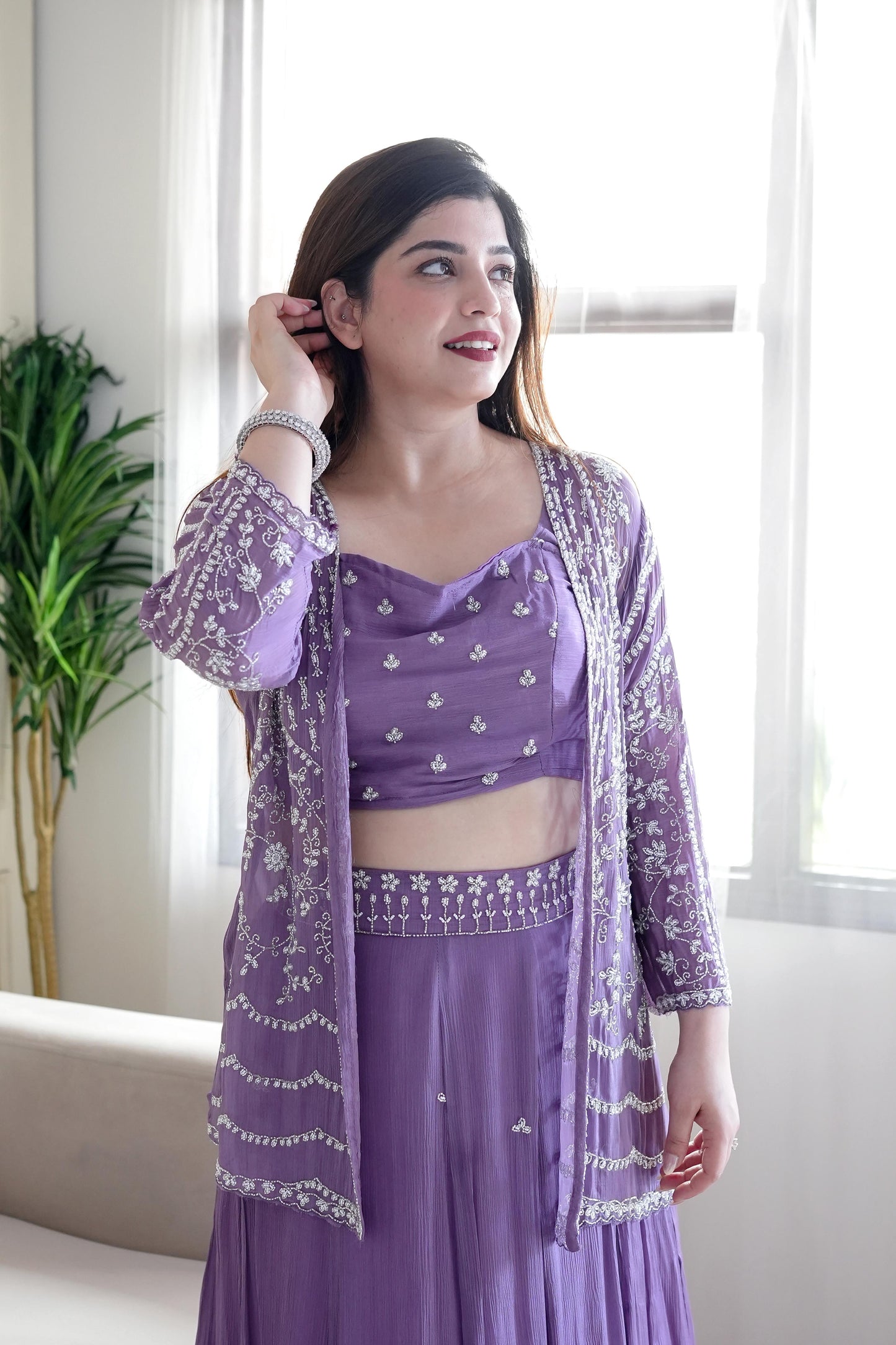 Jeenat Purple Embroidered Three Piece Set