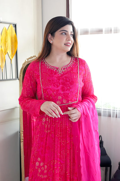 Sifra Hot Pink Embroidered Anarkali Suit Set