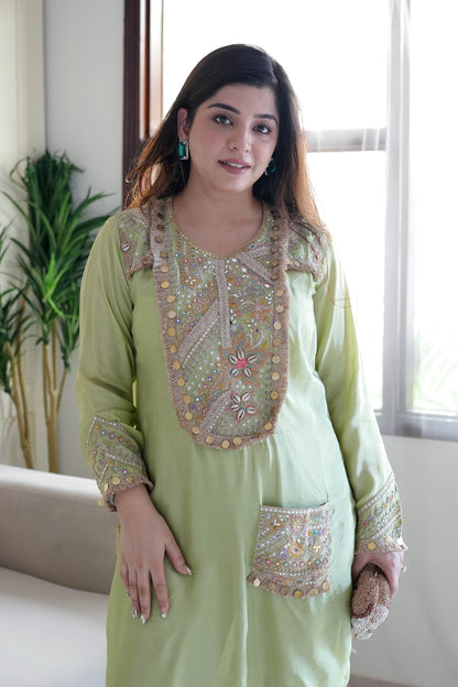 Rafia Green Embroidered Co ord Set