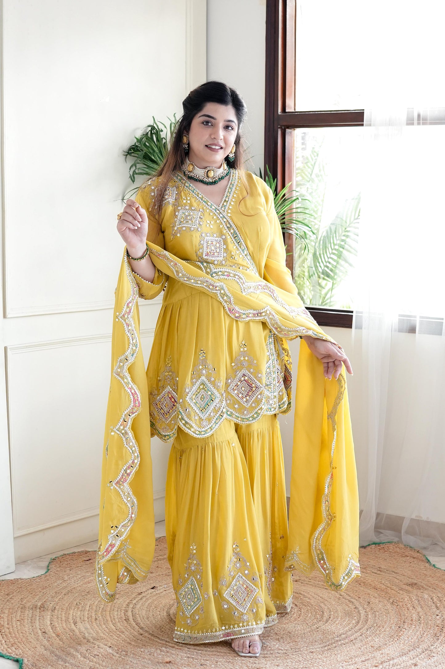 Anaya Yellow Mirror Work Sharara Set