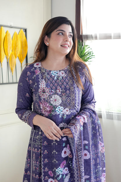 Ifat Purple Printed A-line Suit Set