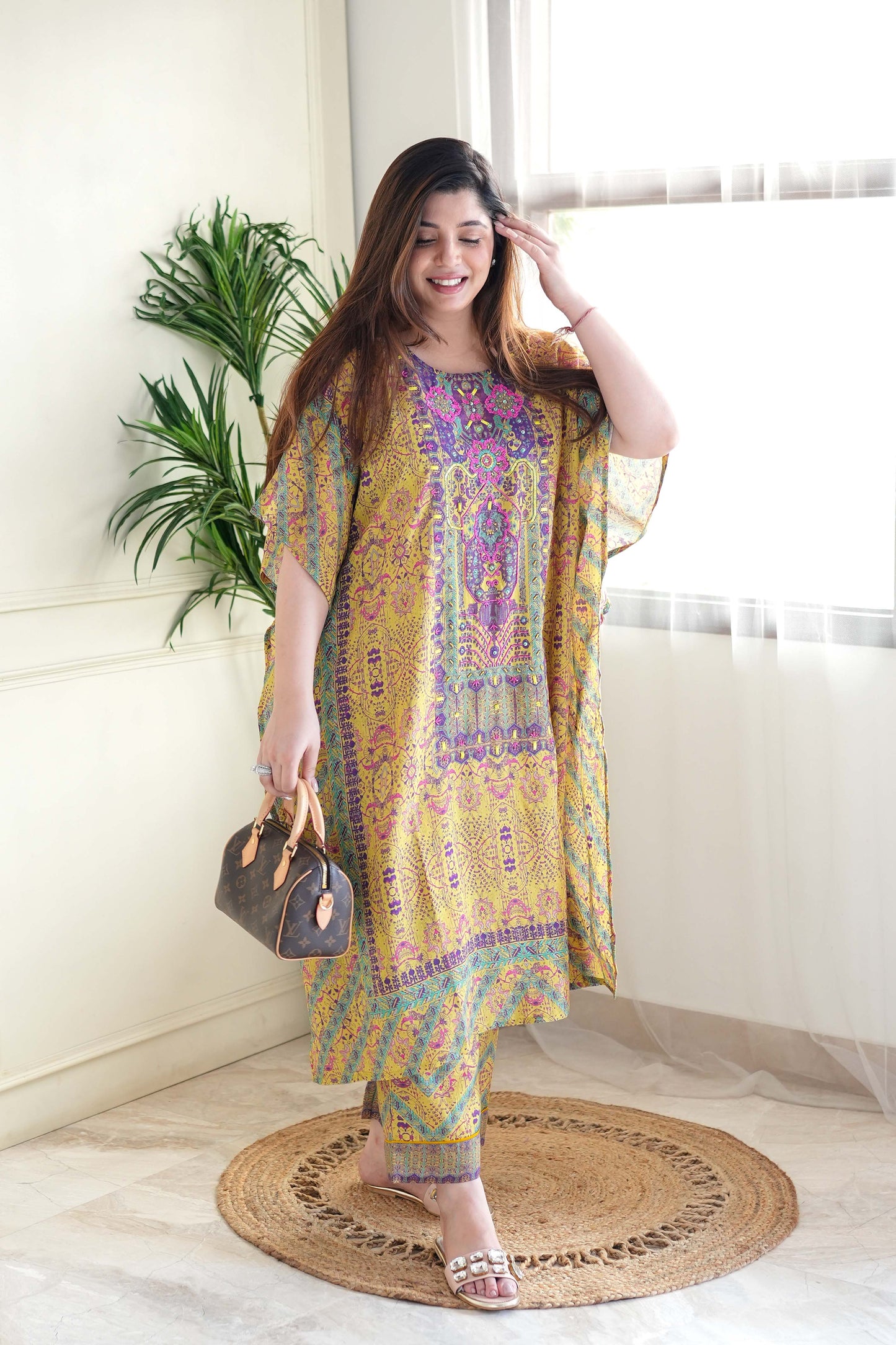 Rehem Printed Kaftan Set with Neck Embroidery