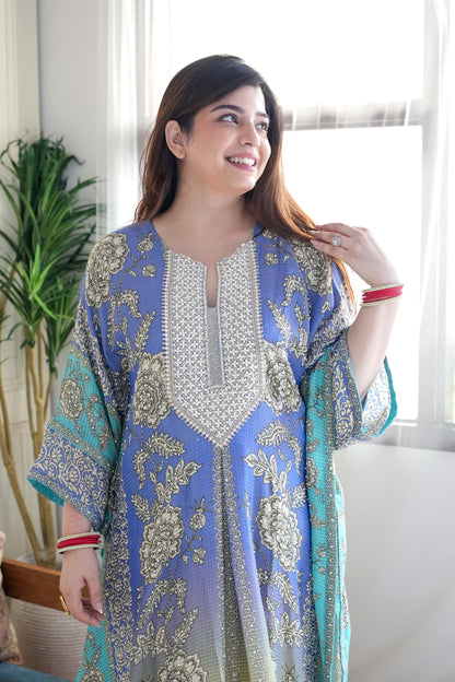 Sehrat Blue Ombre Printed Kaftan Set with Neck Embroidery