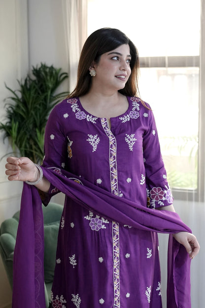 Mreeyal Purple Thread Embroidered A line Suit Set