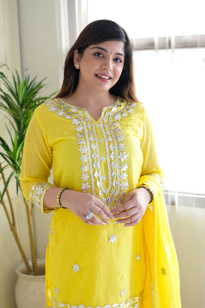 Safia Yellow Gotta Embroidered Sharara Set