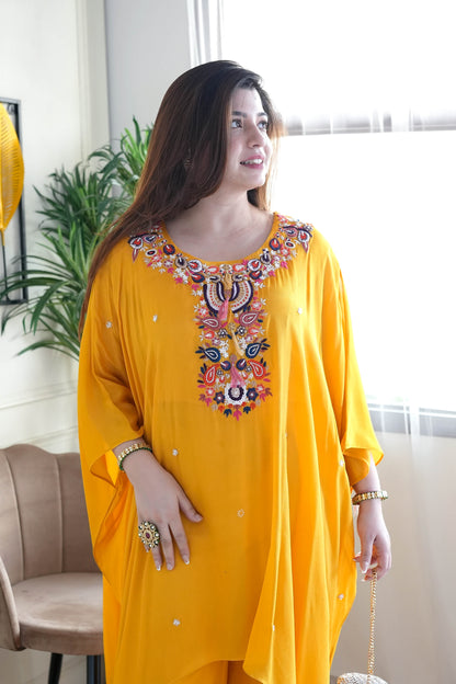 Yumna Yellow Embroidered Kaftan Set