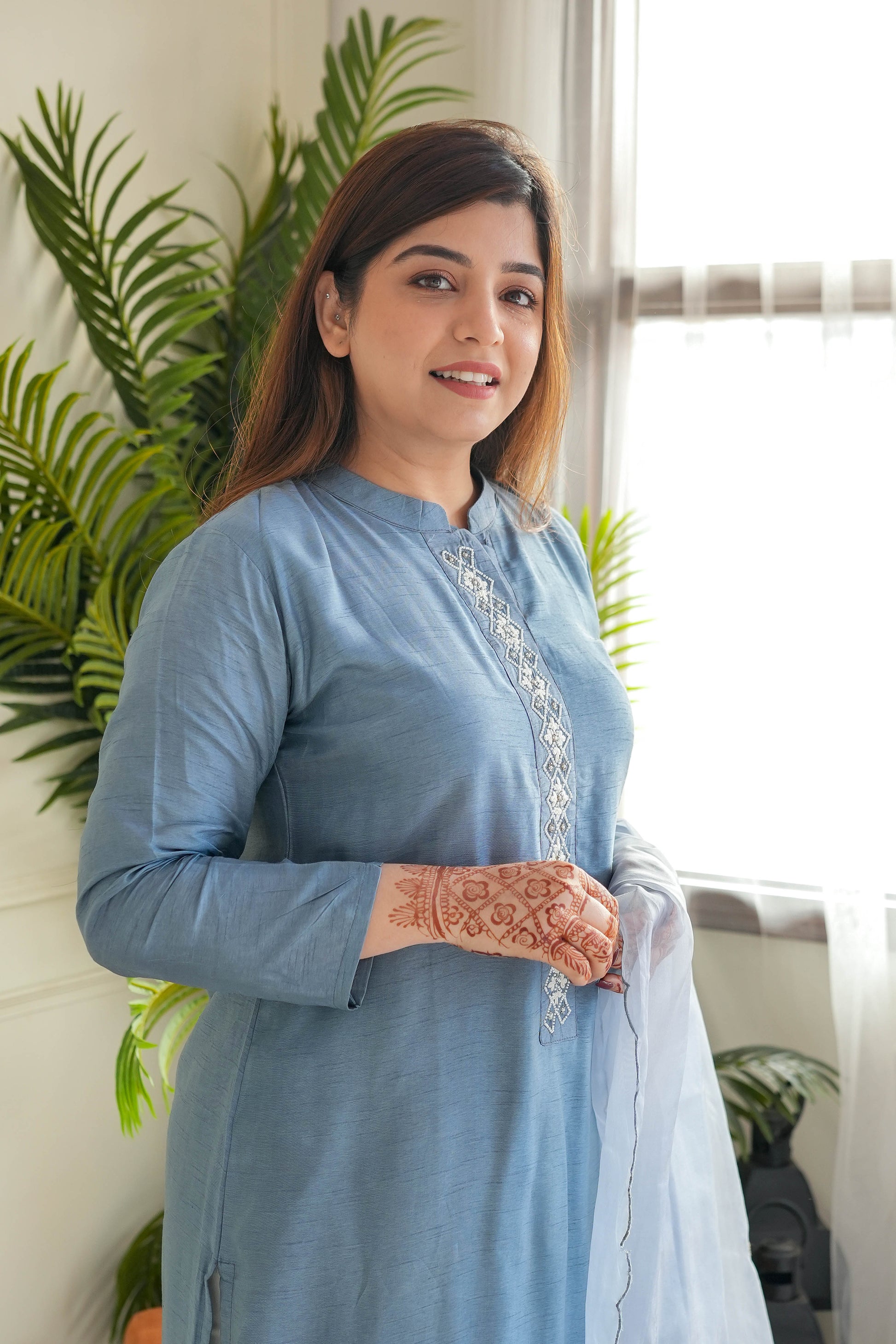 Sia Blue Silk Shirt And Dupatta