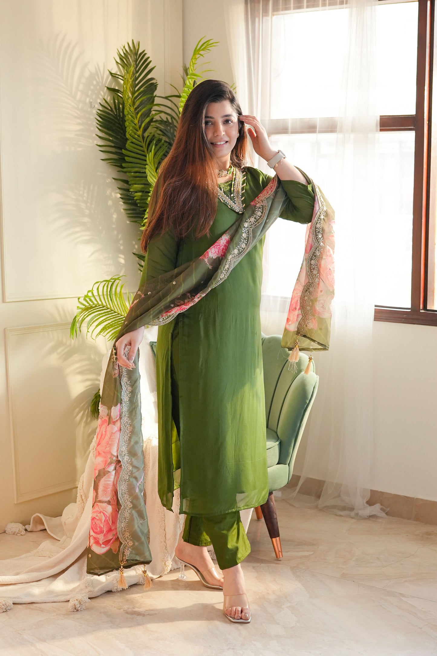 Ishrat Green Suit Set With Floral Dupatta