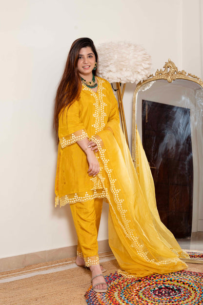 Sukh Yellow Silk Suit With Schiffli Detailing