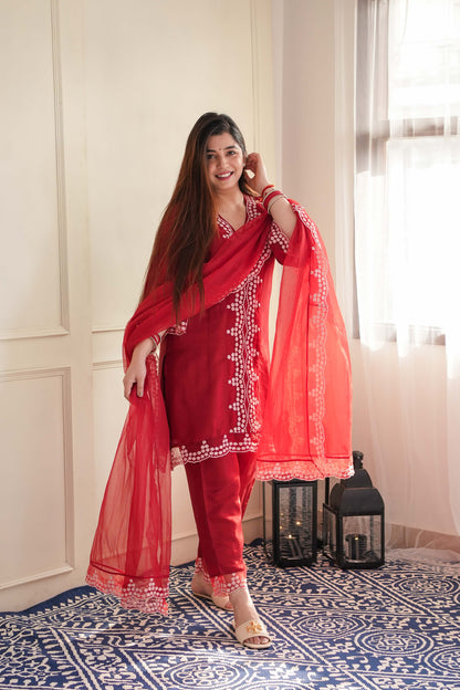 Sukh Red Schiffli Suit Set