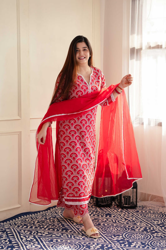 Mehera Red Cutwork Cotton Suit Set