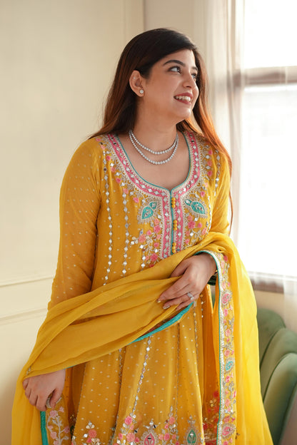 Kiara Yellow Mirror Work Short Anarkali With Dhoti